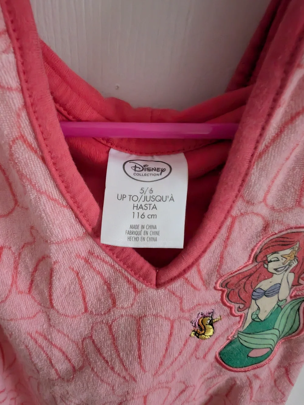 Disney Girls Ariel Pink Shell-Pattern Sleeveless Bathing Suit Cover Size 5/6